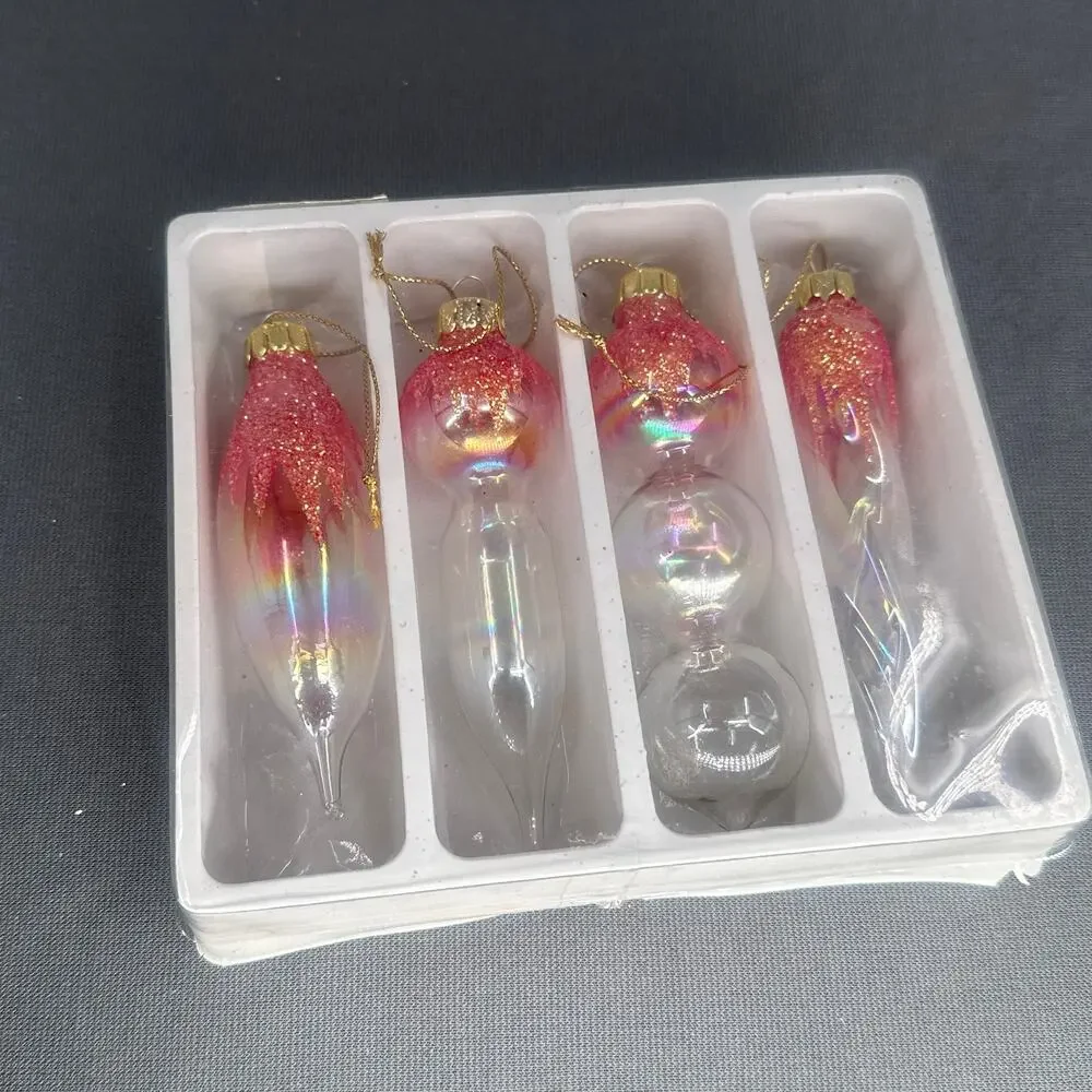 4 VTG Blown Glass Icicle Christmas Ornaments Clear Iridescent Pink Glitter Glam